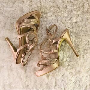 Lulu Townsends Metallic Nude Satin Heels Sz 8
